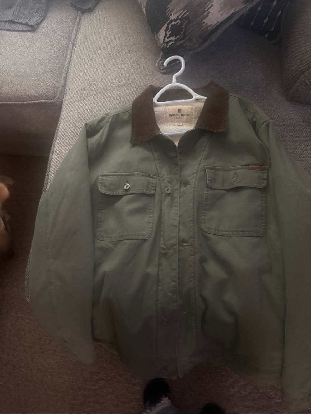 Woolrich Olive Green Field Jacket with Brown Cord Collar